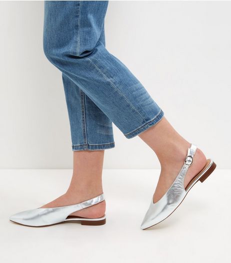 Silver Premium Leather Sling Back Sandals | New Look