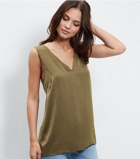 Khaki Sateen V Neck Sleeveless Top | New Look