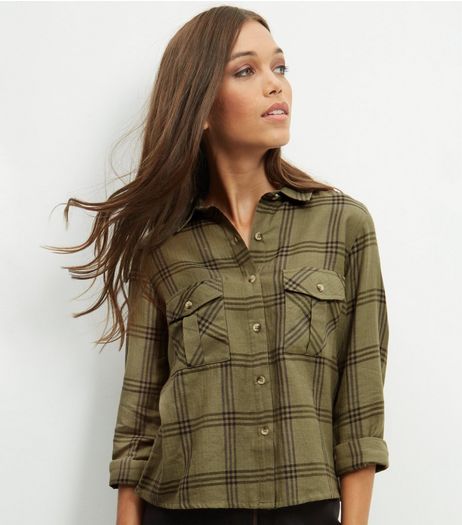 Khaki Check Double Pocket Roll Sleeve Cropped Shirt | New Look