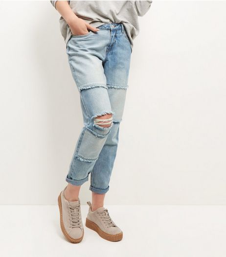 Light Blue Patchwork Ripped Knee Boyfriend Jeans | New Look