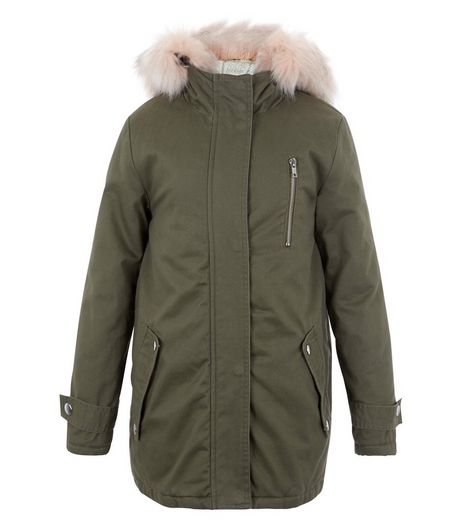 Girls Khaki Faux Fur Trim Hooded Parka | New Look