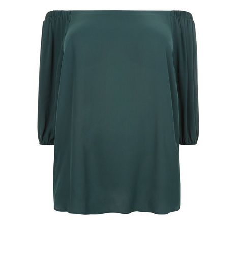 Curves Dark Green Bardot Neck Top | New Look