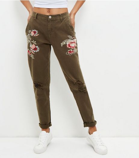 Khaki Floral Embroidered Ripped Knee Trousers | New Look