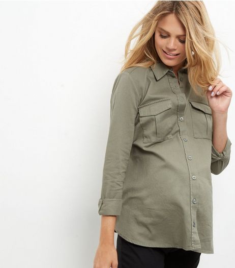 Maternity Khaki Double Pocket Long Sleeve Shirt | New Look