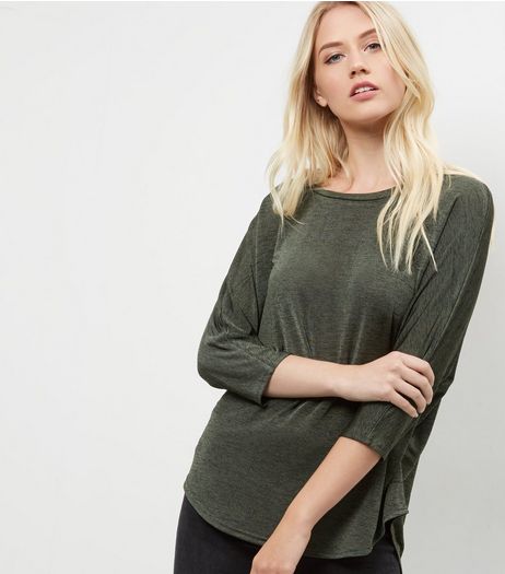 Khaki Marl Oversized 3/4 Sleeve Top | New Look