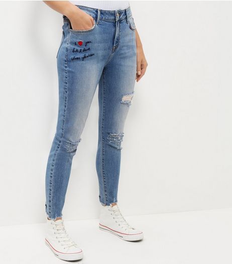 Blue Love Heart Embroidered Ripped Skinny Jeans | New Look