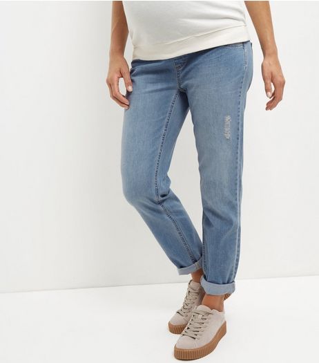 Maternity Blue Ripped Boyfriend Jeans | New Look