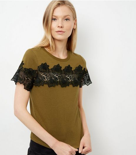 Khaki Lace Trim T-Shirt | New Look