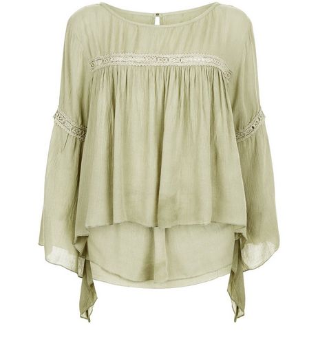 Apricot Khaki Lace Trim Bell Sleeve Top | New Look