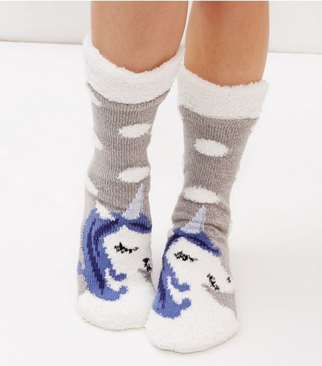 Pale Grey Unicorn Print Slipper Socks | New Look