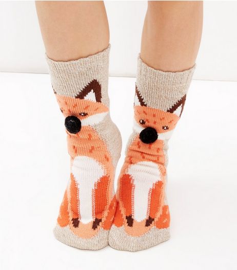 Oatmeal Fox Pom Pom Slipper Socks | New Look