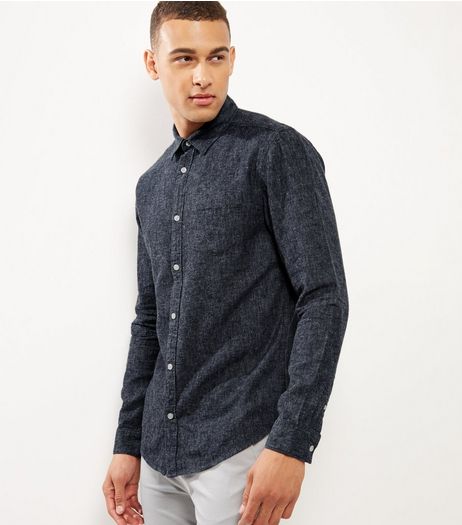 Navy Brushed Linen Blend Single Pocket Long Sleeve Shirt | New Look