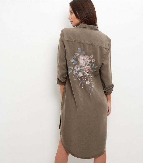 Anita and Green Khaki Floral Embroidered Shirt Dress | New Look