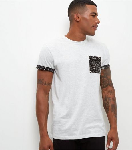 Cream Marble Print Single Pocket Roll Sleeve T-Shirt | New Look