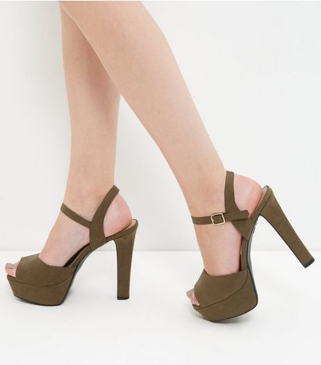 Wide Fit Khaki Suedette Platform Block Heels | New Look