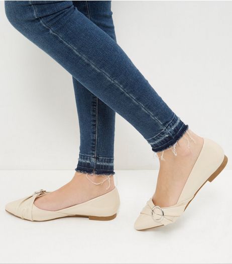 Wide Fit Cream Patent Ruched Buckle Pumps | New Look