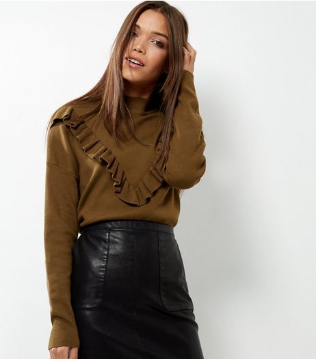 Olive Green Frill Trim Long Sleeve Jumper | New Look