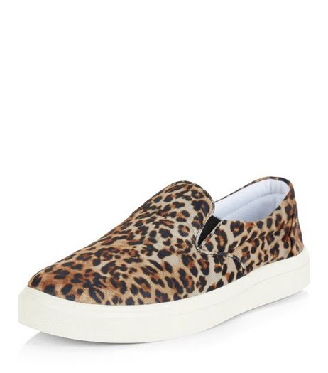 Stone Leopard Print Slip On Plimsolls | New Look