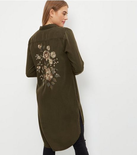 Khaki Floral Embroidered Longline Shirt | New Look
