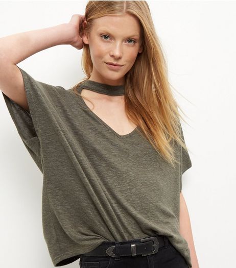 Khaki Fine Knit Choker Cut Out T-Shirt | New Look