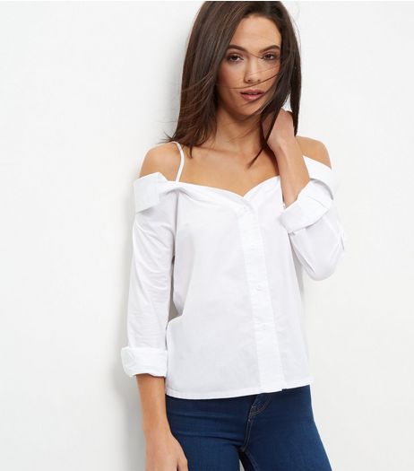 White Cold Shoulder Long Sleeve Shirt | New Look