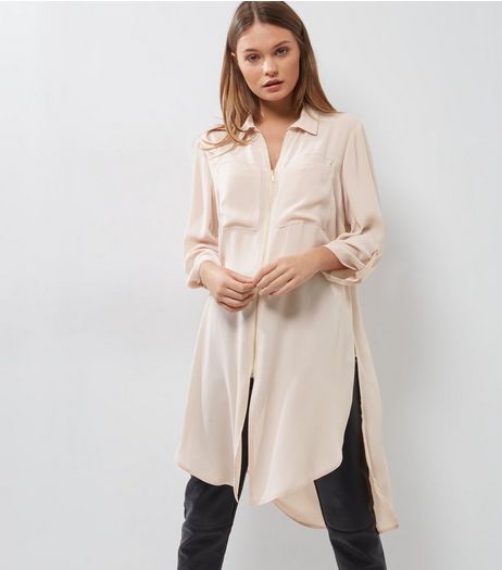 Shell Pink Zip Front Longline Shirt | New Look