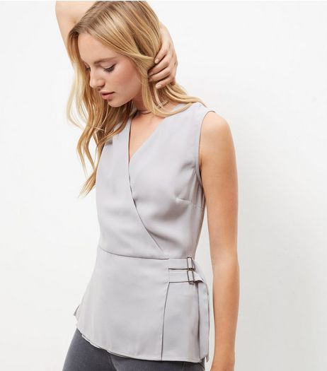 Gray Front Wrap Sleeveless Top | New Look