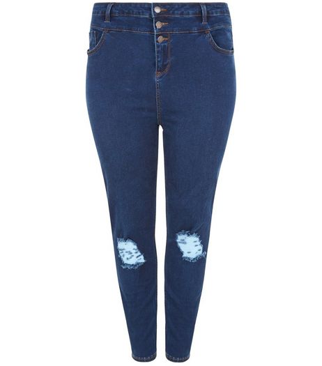 Curves Blue High Waisted Ripped Knee Skinny Jeans | New Look