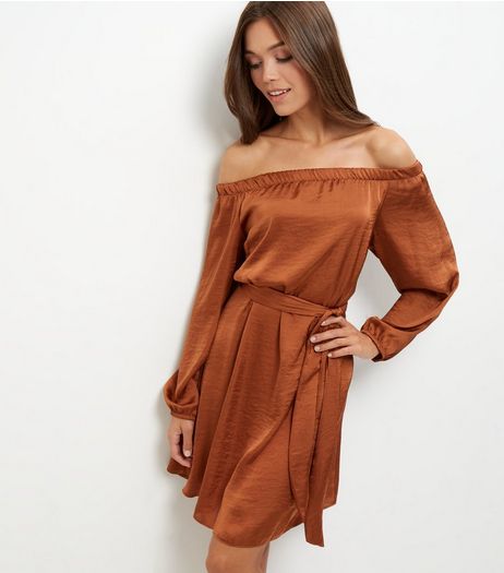 Brown Sateen Bardot Neck Belted Dress | New Look
