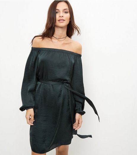 Dark Green Sateen Bardot Neck Tie Waist Dress | New Look