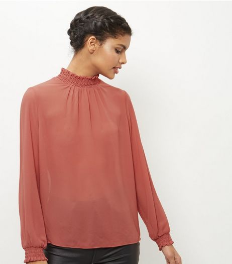 Mid Pink Funnel Neck Shirred Chiffon Top | New Look