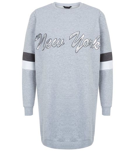 Teens Grey New York Print Sequin Sweater Dress | New Look