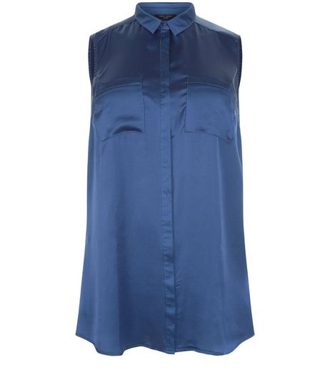 Curves Blue Satin Sleeveless Shirt | New Look