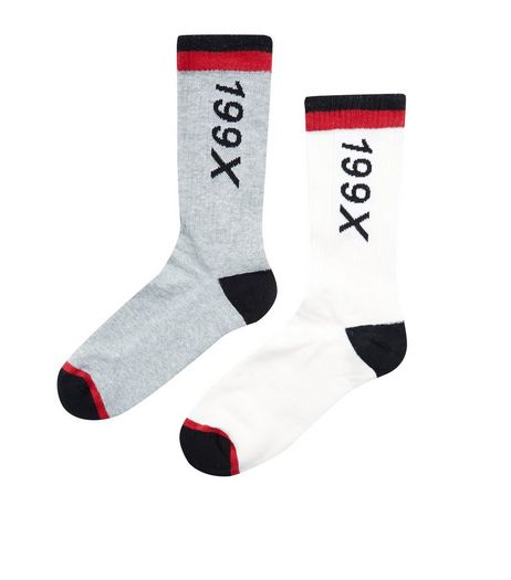 2 Pack White and Grey 199X Print Socks | New Look