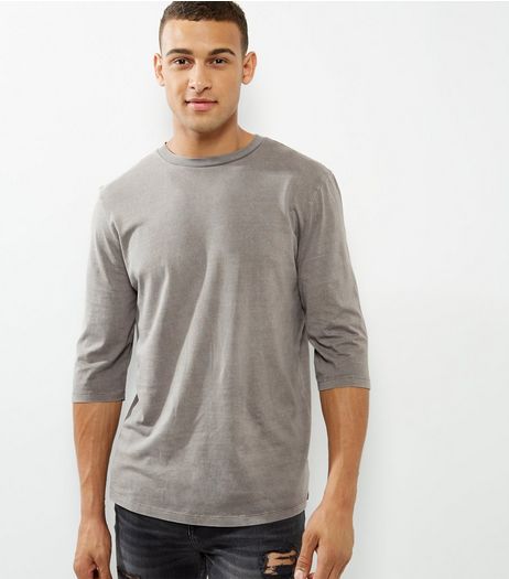 Stone 3/4 Sleeve Curve Hem T-Shirt | New Look