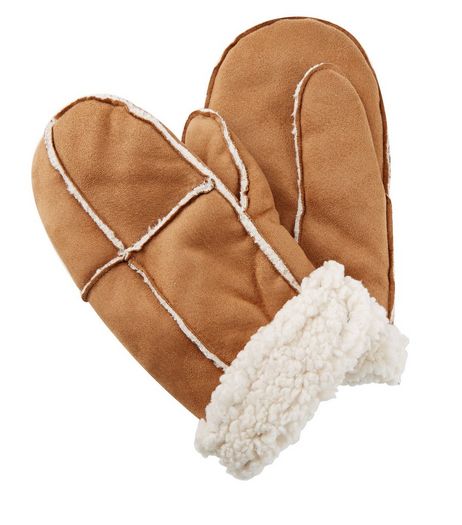 Stone Faux Shearling Mitten | New Look