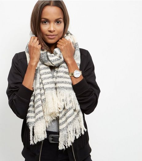 Grey Boucle Stripe Scarf | New Look