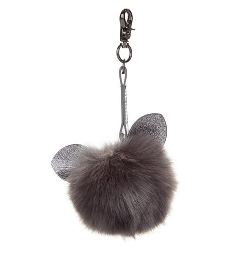 Grey Glitter Cat Faux Fur Pom Pom Keyring | New Look