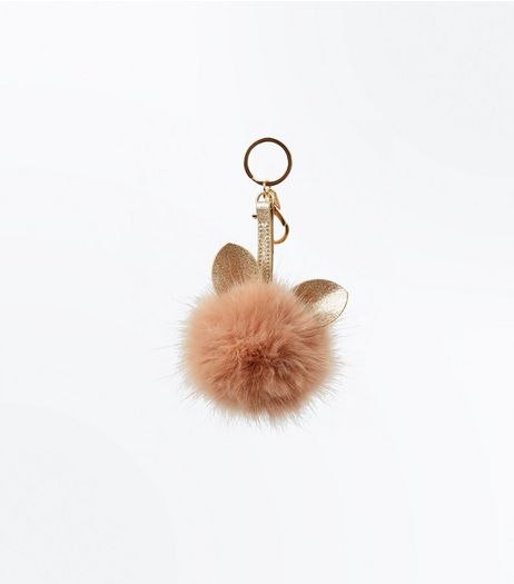 Shell Pink Faux Fur Cat Pom Pom Keyring | New Look