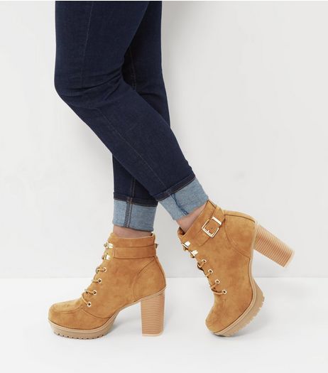 Wide Fit Tan Suedette Buckle Strap Lace Up Boots | New Look