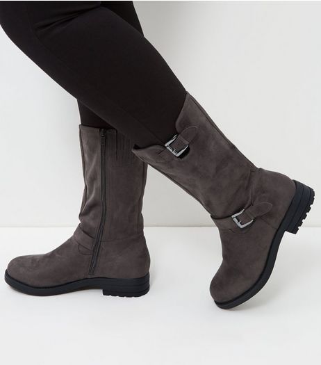 Wide Fit Grey Suedette Buckle Strap Biker Boots | New Look