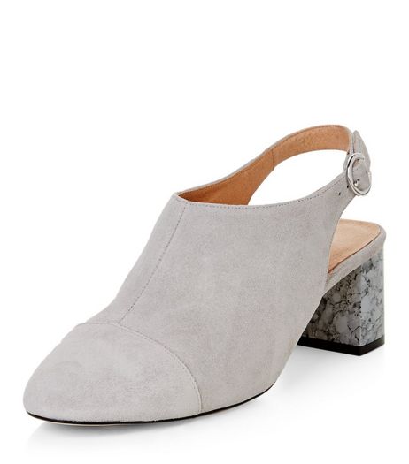 Grey Premium Leather Sling Back Marble Block Heels | New Look