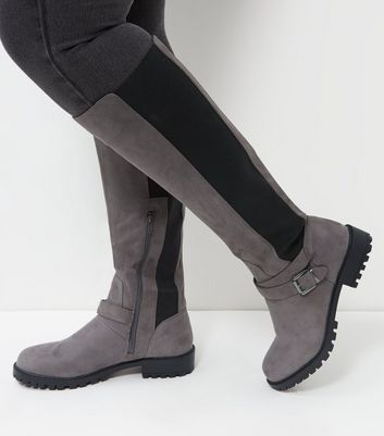 Wide Fit Grey Suedette Elasticated Knee High Boots 