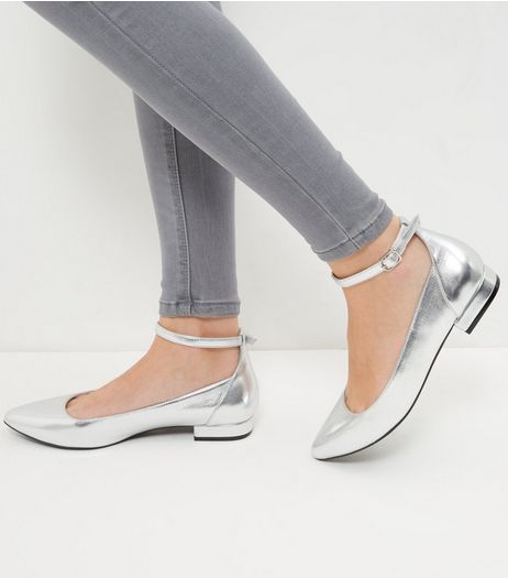 Wide Fit Silver Ankle Strap Pointed Pumps | New Look