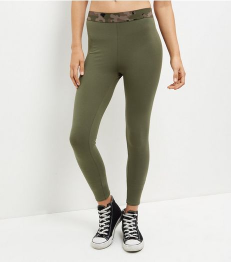 Khaki Camo Print Elastic Waistband Leggings | New Look
