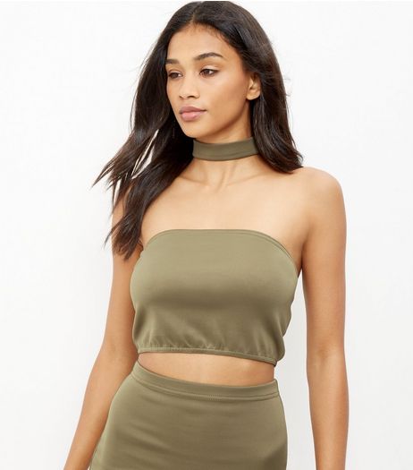 Khaki Scuba Choker Bandeau Crop Top | New Look