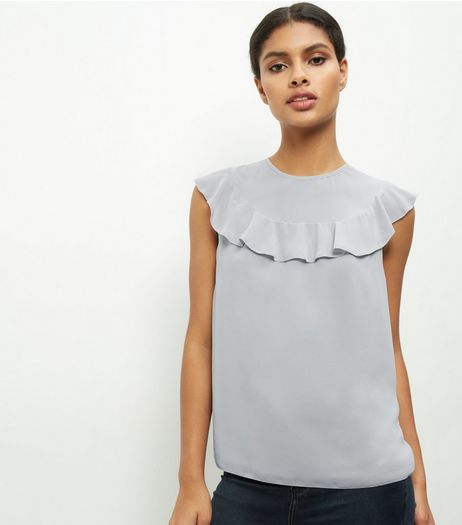 Grey Chiffon Panel Frill Trim Sleeveless Top | New Look