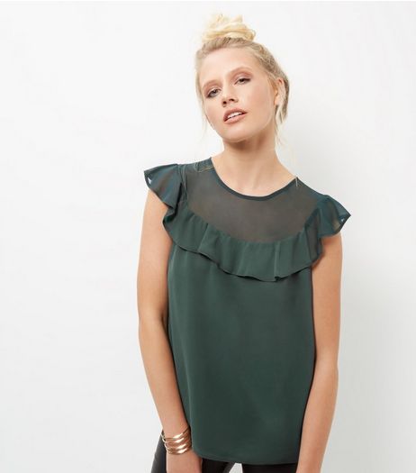 Dark Green Mesh Panel Frill Trim Sleeveless Top | New Look