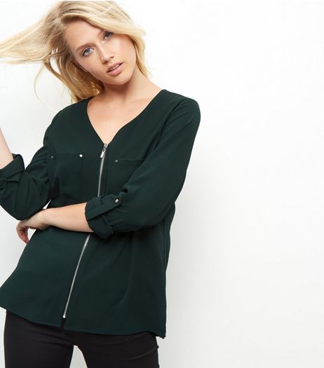 Dark Green Zip Front V Neck Shirt | New Look