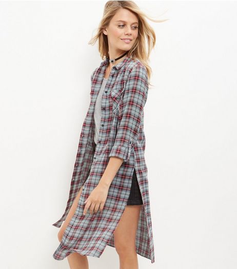 Light Grey Check Double Pocket Longline Shirt | New Look